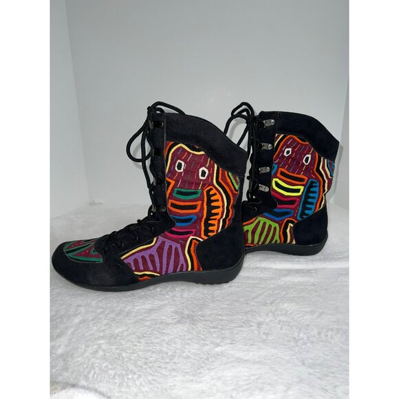 Handmade LaceUp Black Boots With Colorful Tribal Embroidered Design Womens Size8 - Picture 2 of 9
